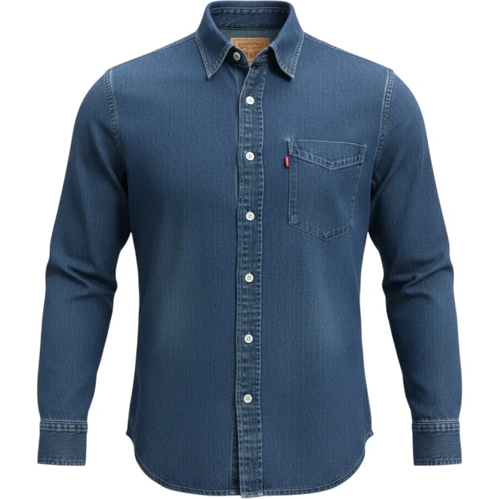 Levis Red Tab Mens Medium Indigo Blue Denim Button Down Shirt Long Sleeve Cotton